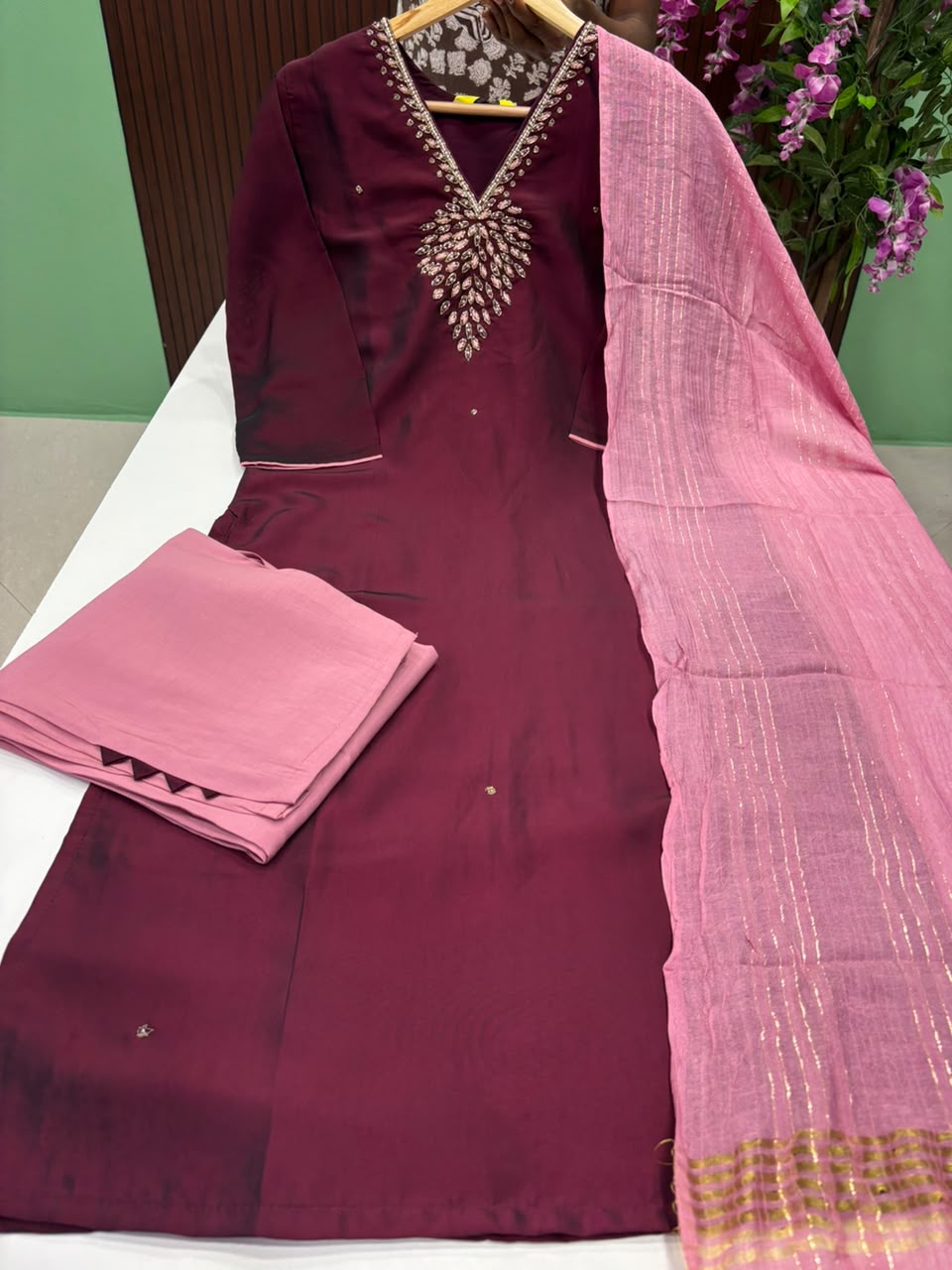 SS9998 Roman Silk Kurti With Pant & Dupatta Set