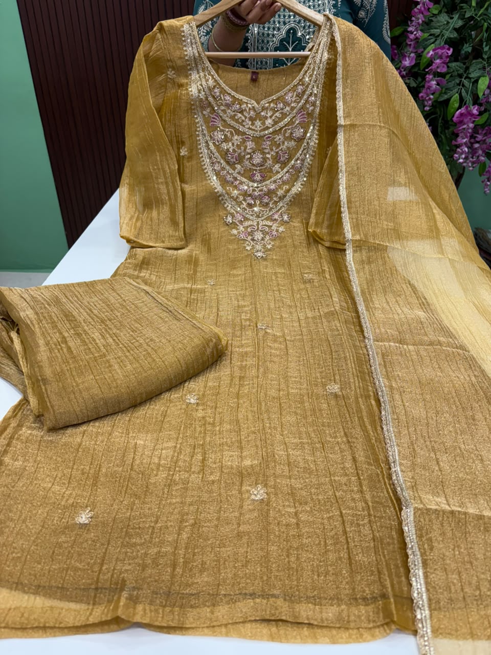 SS10021 Premium Crushed Tissue Silk Kurti With Pant & Dupatta Set