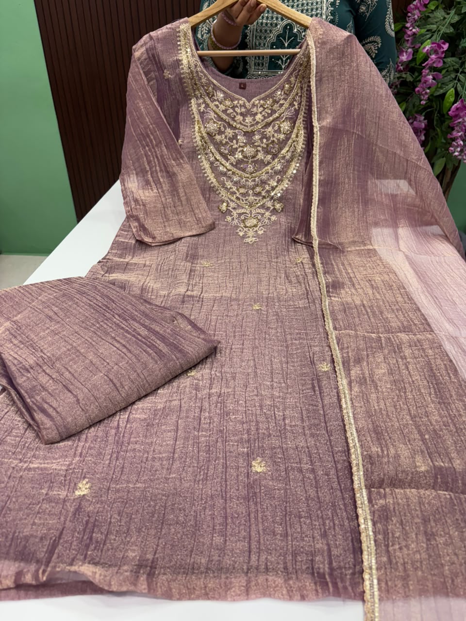 SS10022 Premium Crushed Tissue Silk Kurti With Pant & Dupatta Set
