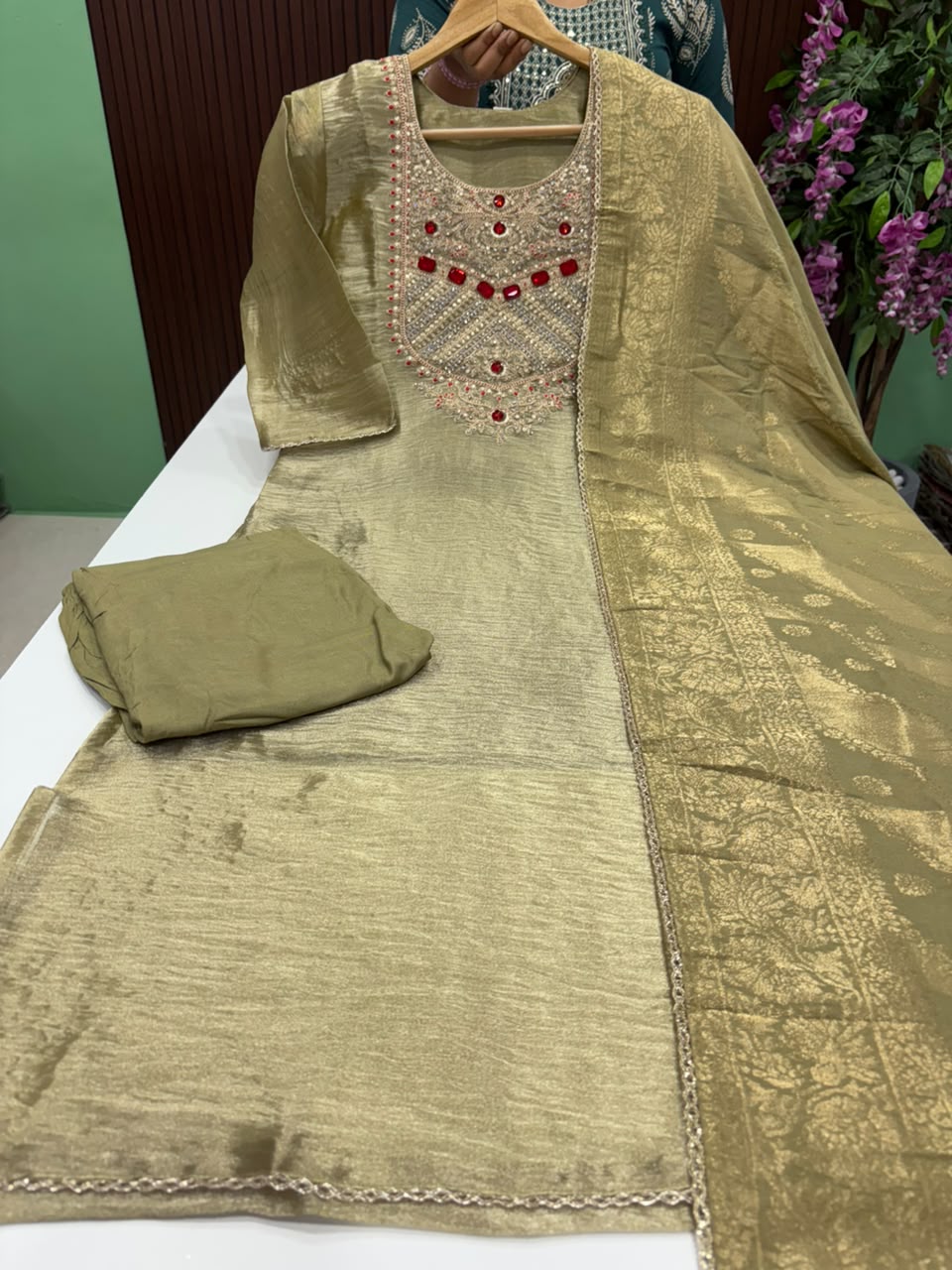 SS10023 Premium Crushed Tissue Silk Kurti With Pant & Dupatta Set