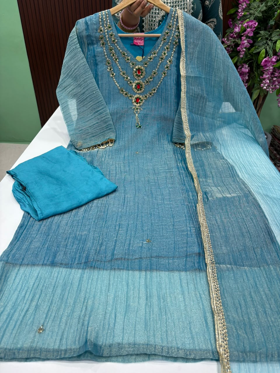 SS10025 Premium Crushed Tissue Silk Kurti With Pant & Dupatta Set