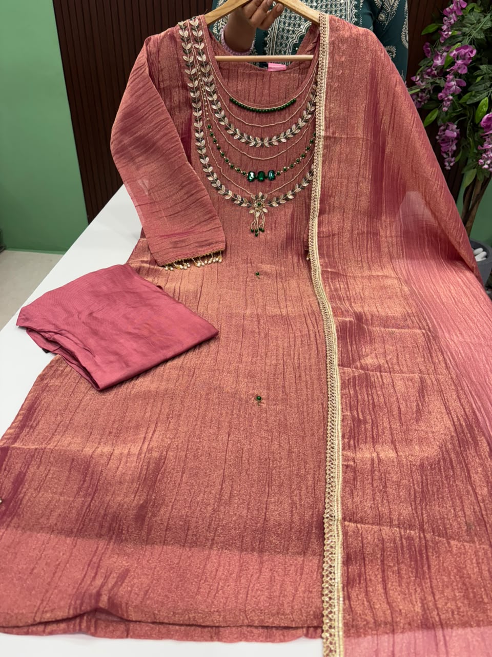 SS10026 Premium Crushed Tissue Silk Kurti With Pant & Dupatta Set