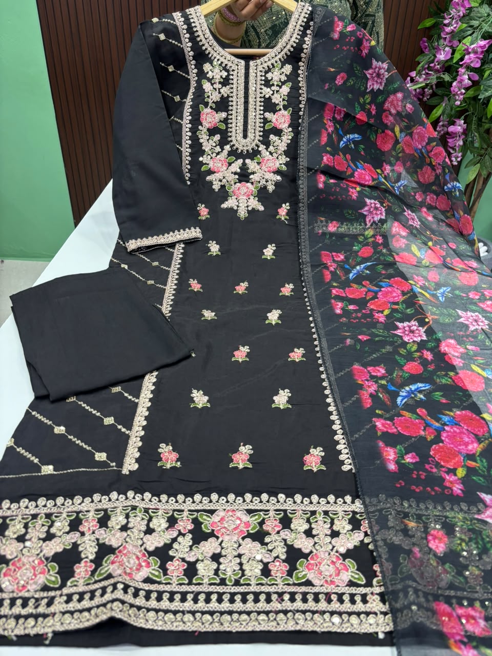 SS10086 Roman Silk Kurti With Pant & Dupatta Set