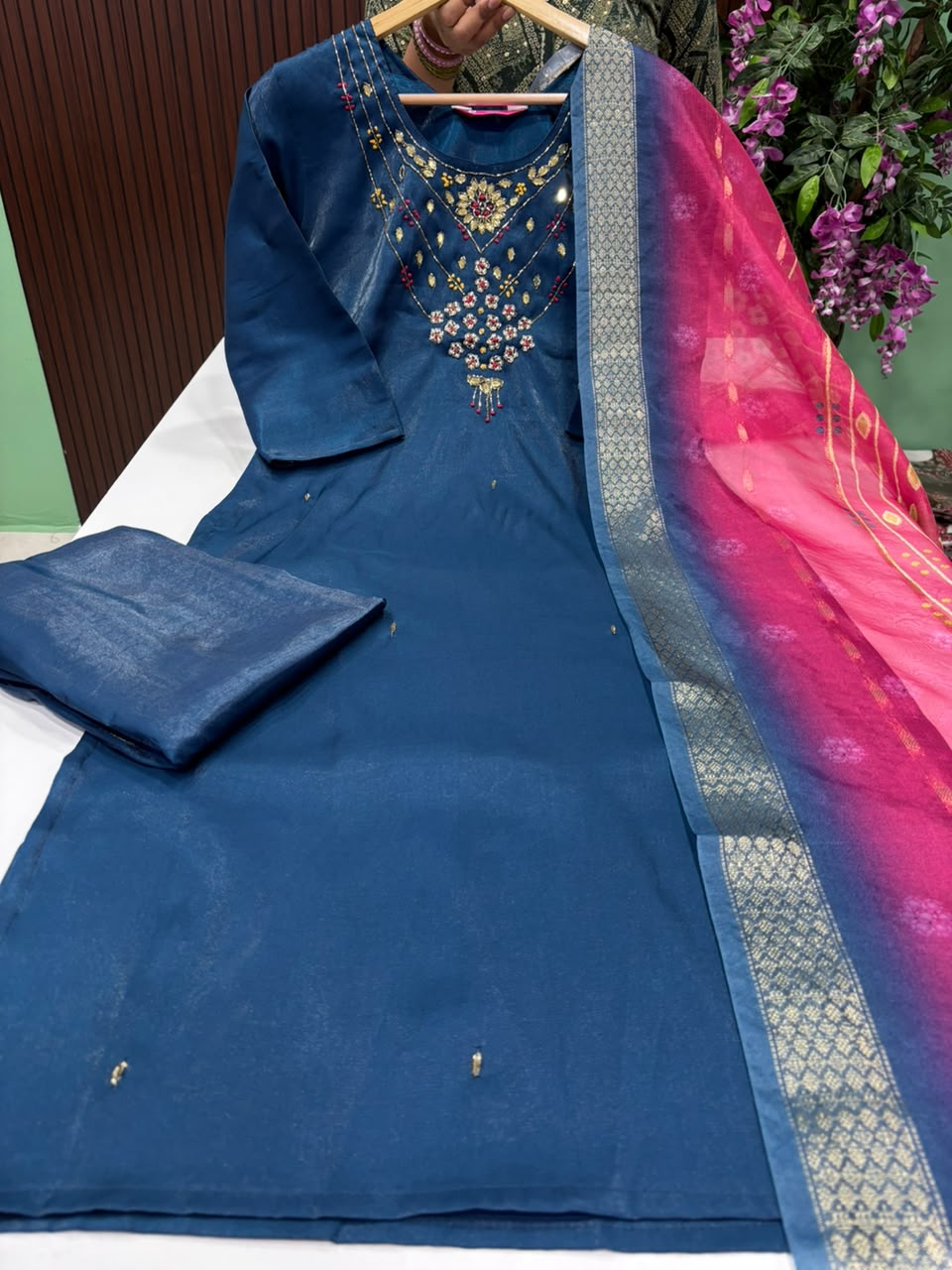 SS10074 Glass Tissue Silk Kurti With Pant & Dupatta Set