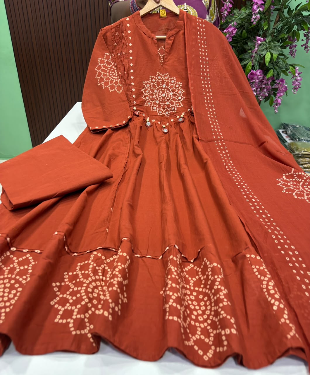 SS10136 Bandhani Printed Cotton Anarkali suit