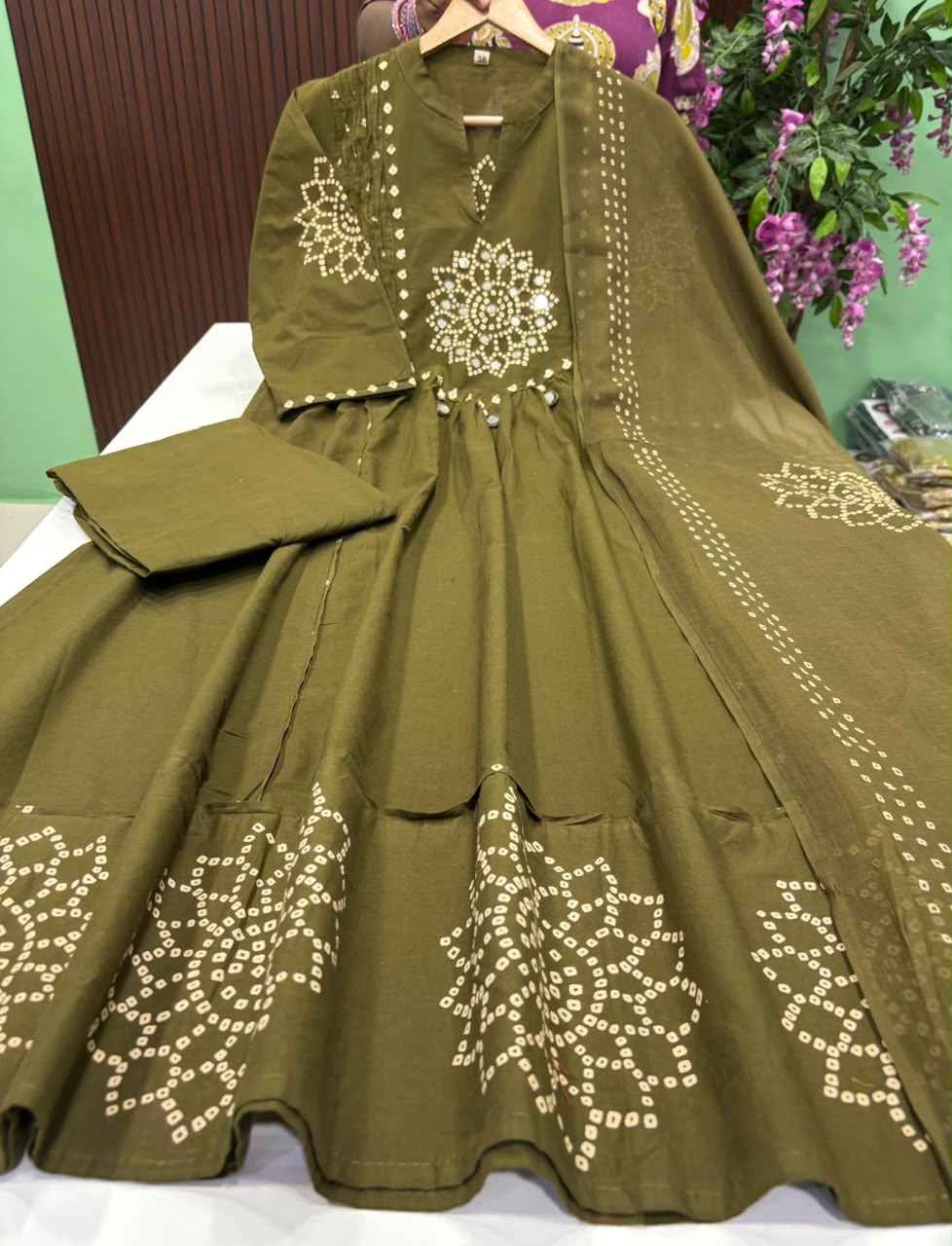 SS10138 Bandhani Printed Cotton Anarkali suit