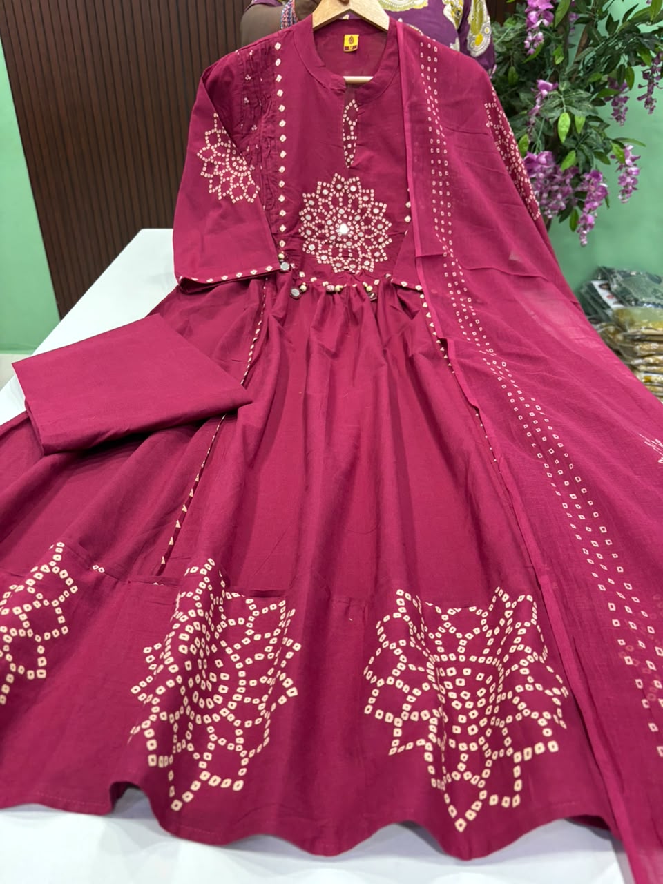SS10140 Bandhani Printed Cotton Anarkali suit