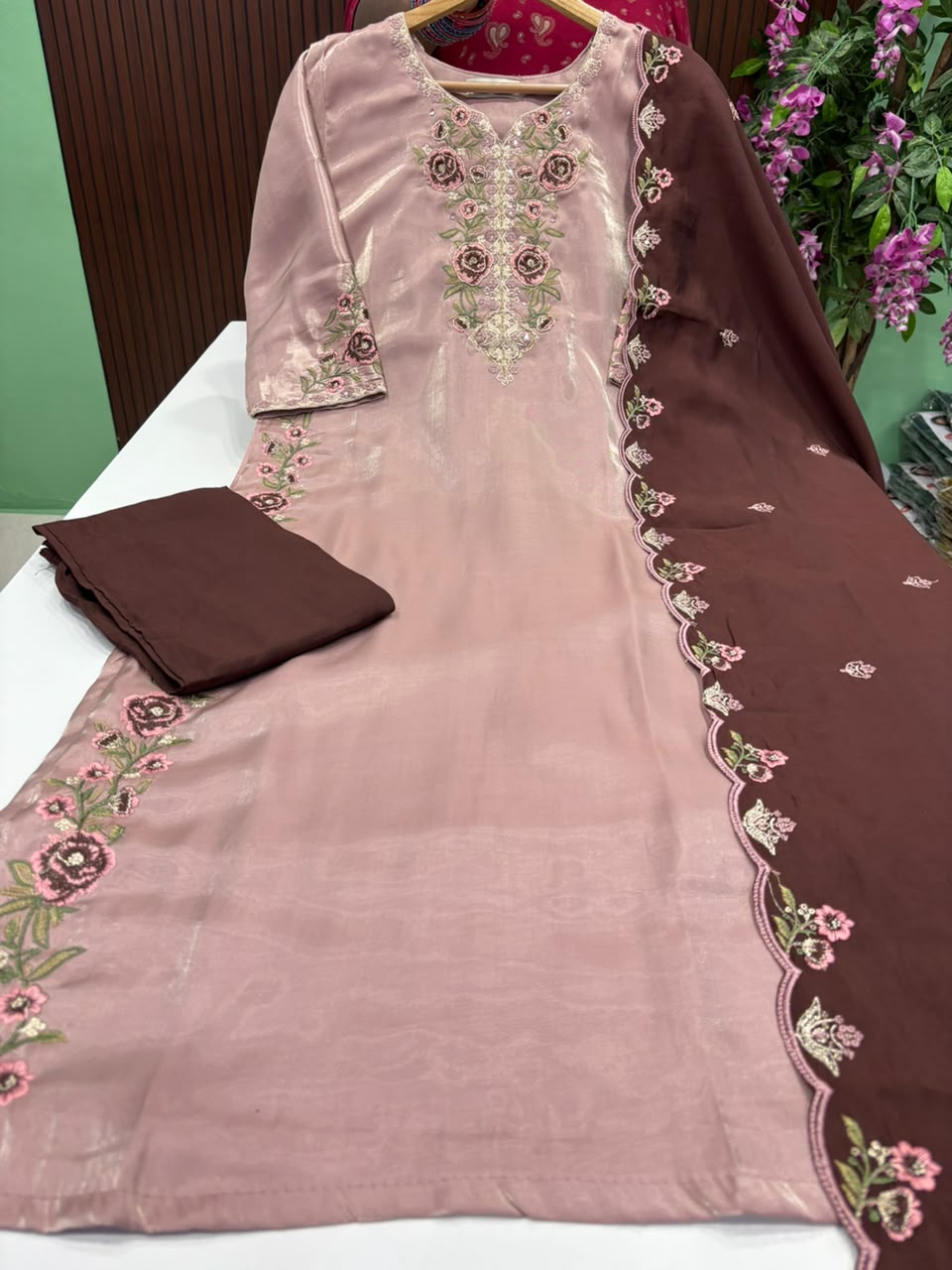 SS10144 Premium Roman Glass Kurti With Pant & Dupatta Set