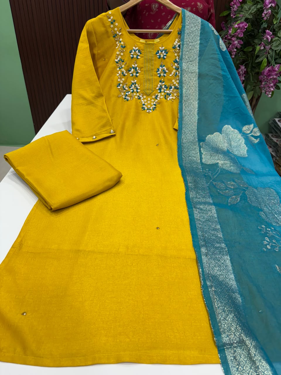 SS10147 Vichitra Silk Kurti With Pant & Dupatta Set