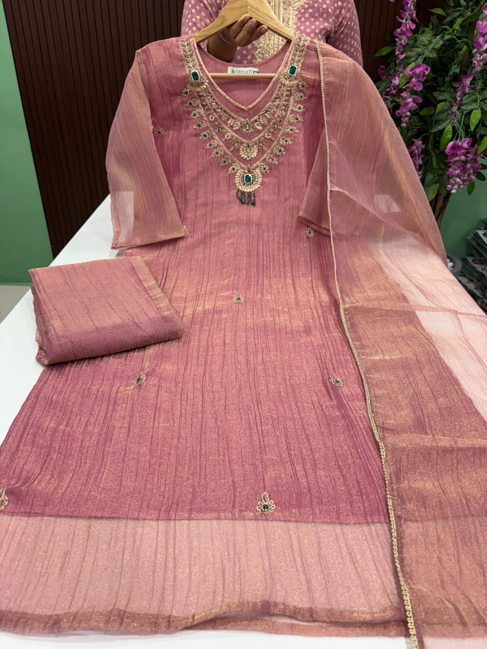 SS10163 Premium Crushed Tissue Silk Kurti With Pant & Dupatta Set