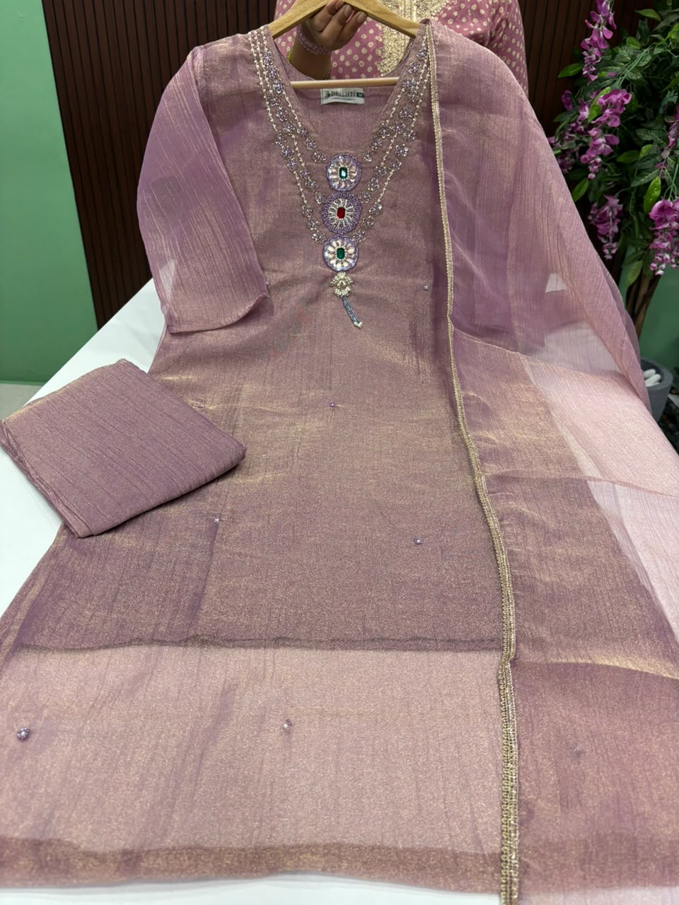 SS10164 Premium Crushed Tissue Silk Kurti With Pant & Dupatta Set