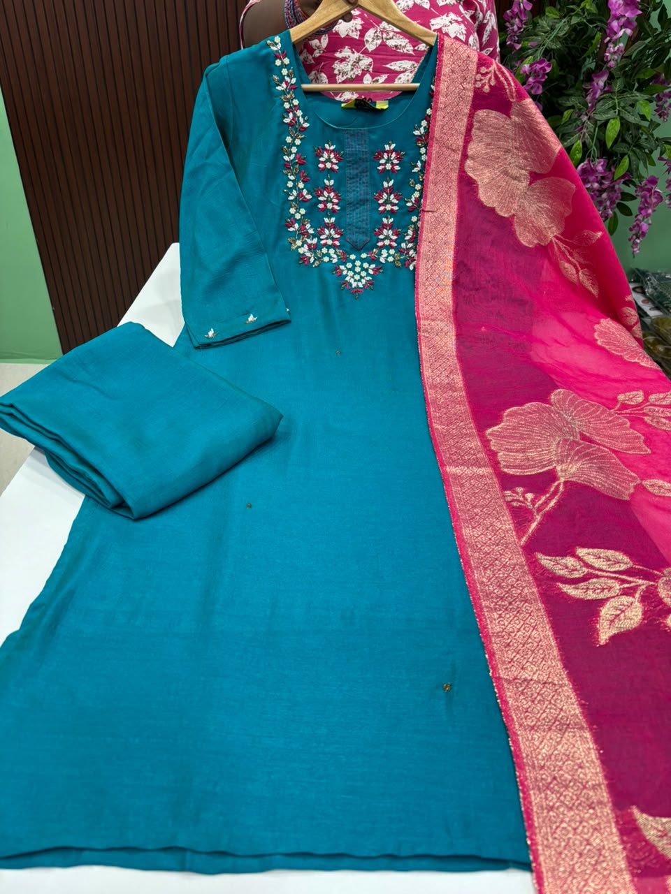 SS10192 Vichitra Silk Kurti With Pant & Dupatta Set
