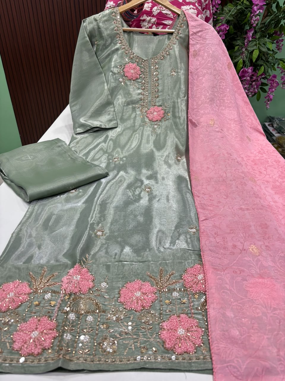 SS10193 Premium Roman Glass Kurti With Pant & Dupatta Set