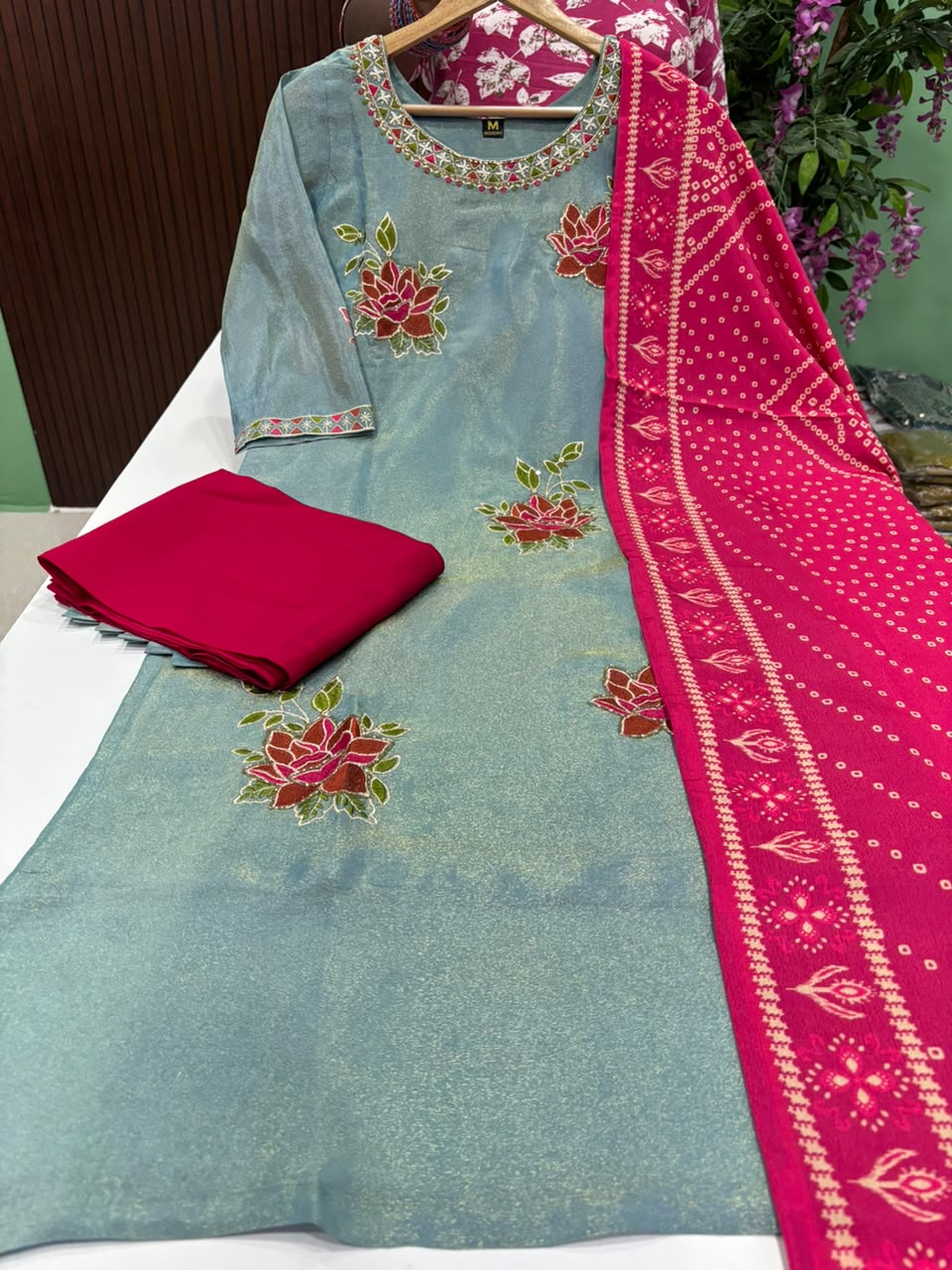 SS10197 Shimmer Tissue Silk Kurti With Pant & Dupatta Set