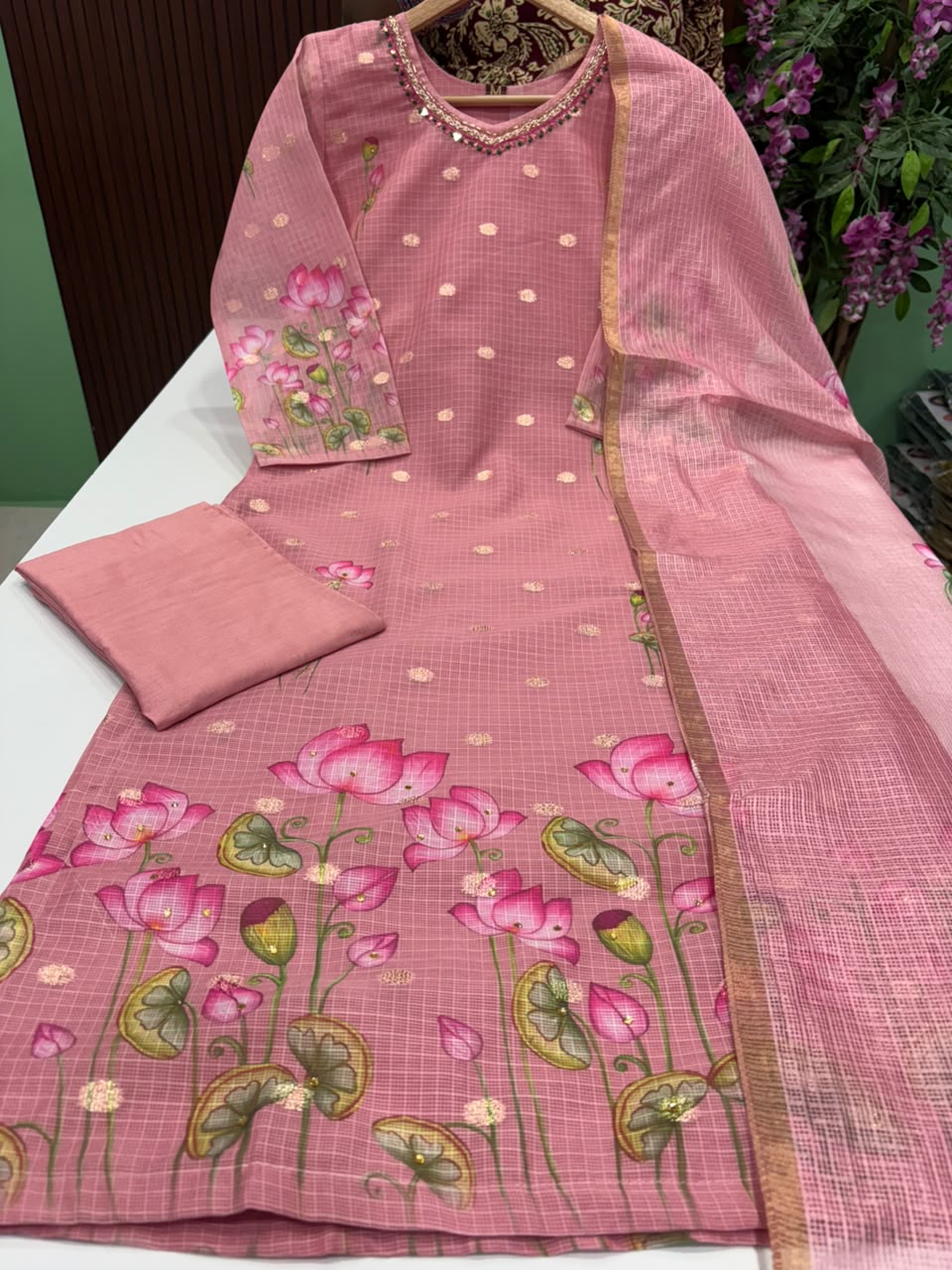 SS10200 Kota Cotton Kurti With Pant & Dupatta Set