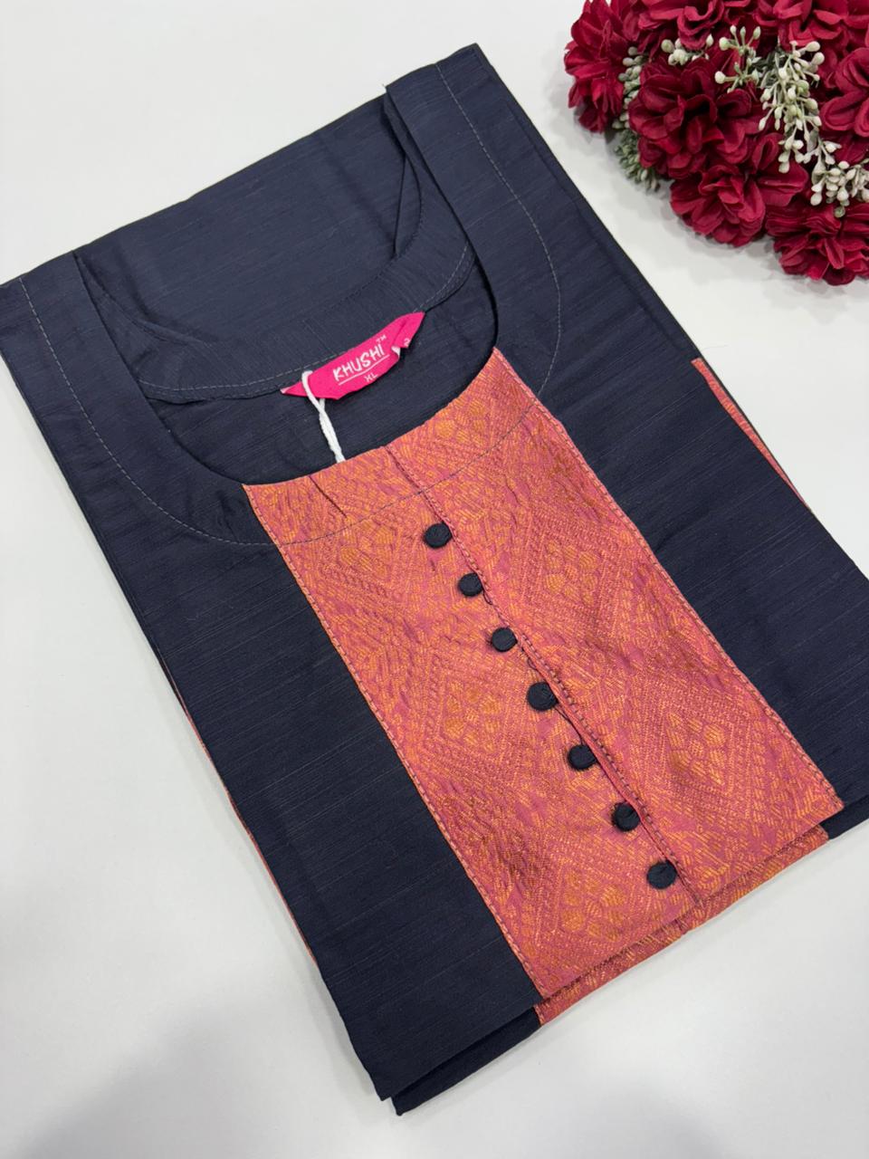 Semi Raw Silk Kurti-DARK GREY