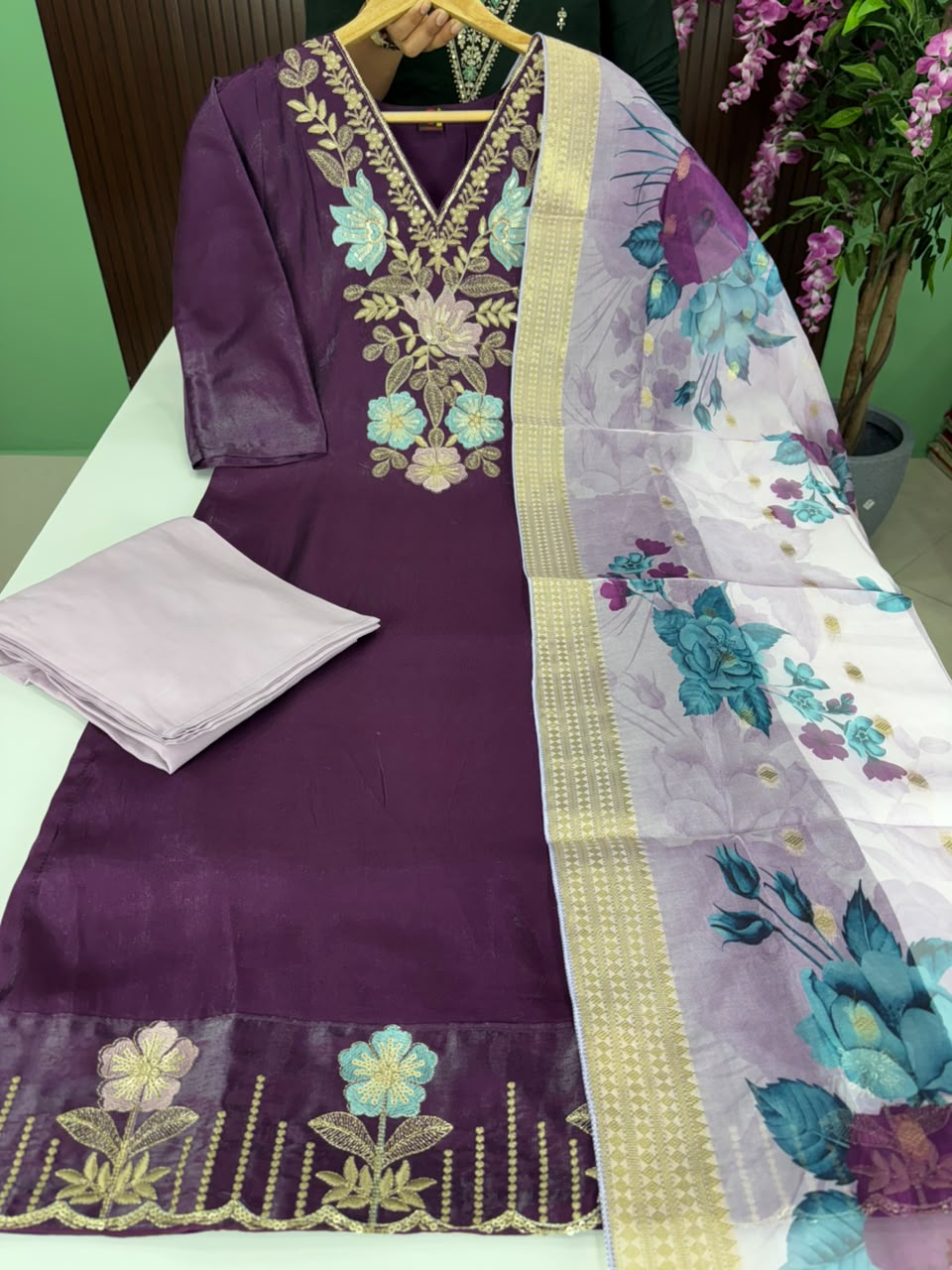 SS6694 Shimmer Tissue Silk Kurti With Pant & Dupatta Set