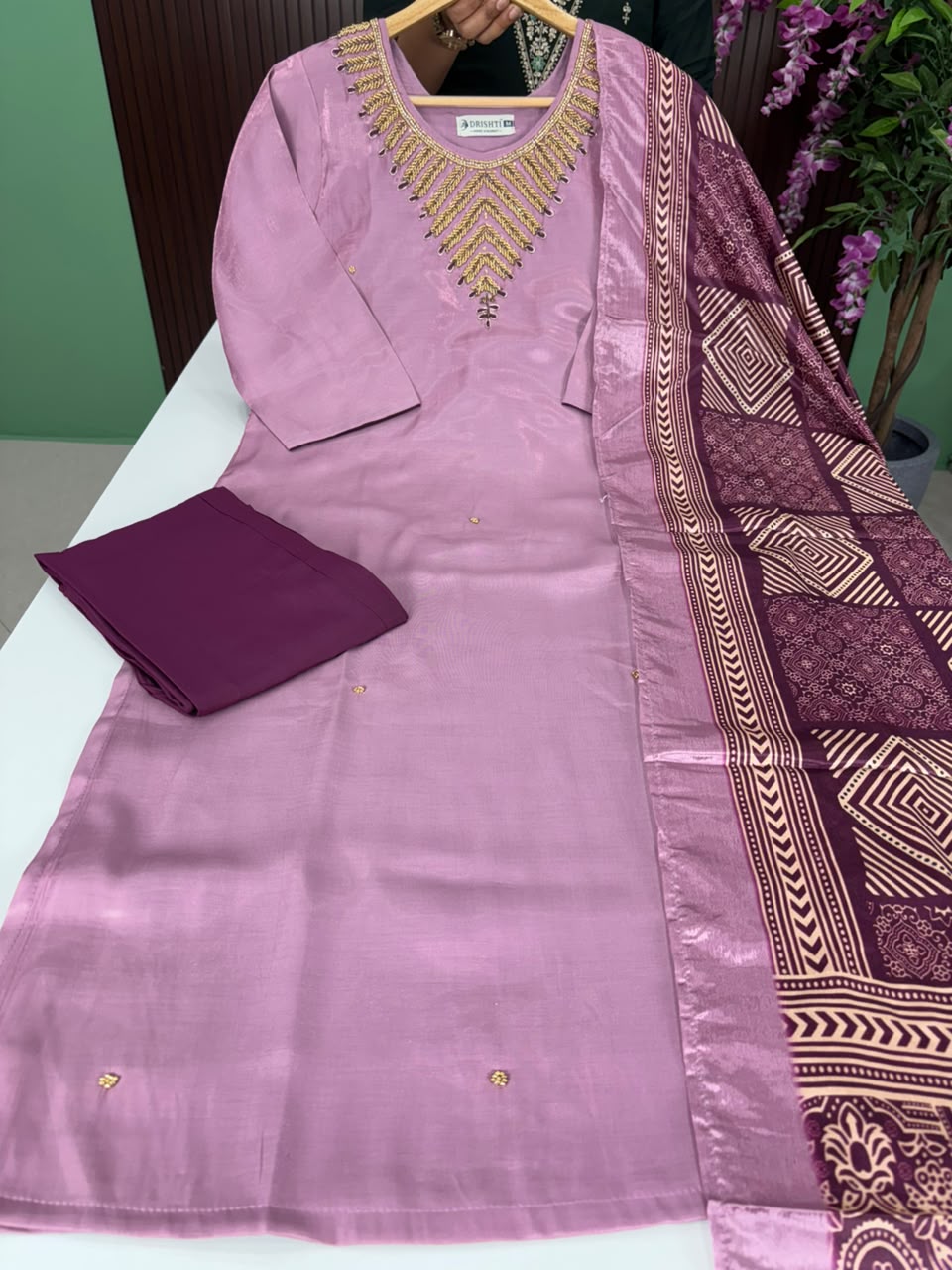 SS6692 Premium Glass Tissue Silk Kurti With Pant & Dupatta Set