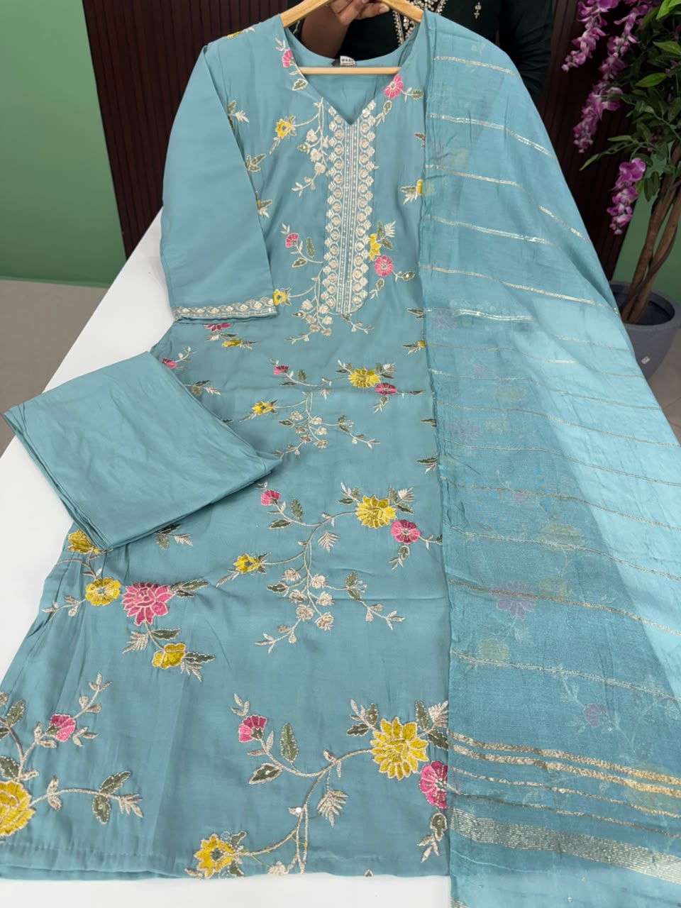 SS6691 Roman Silk Kurti With Pant & Dupatta Set