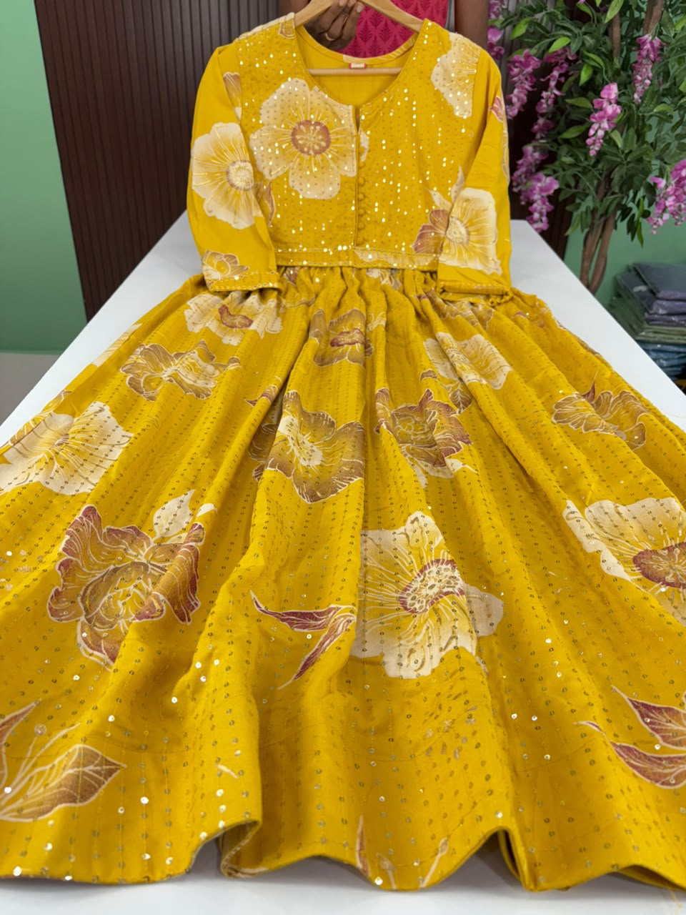 SS7062 Elegant Floral Sequin Gown - Yellow