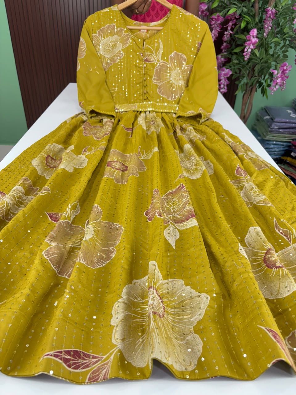 SS7063 Elegant Floral Sequin Gown - Mustard Green