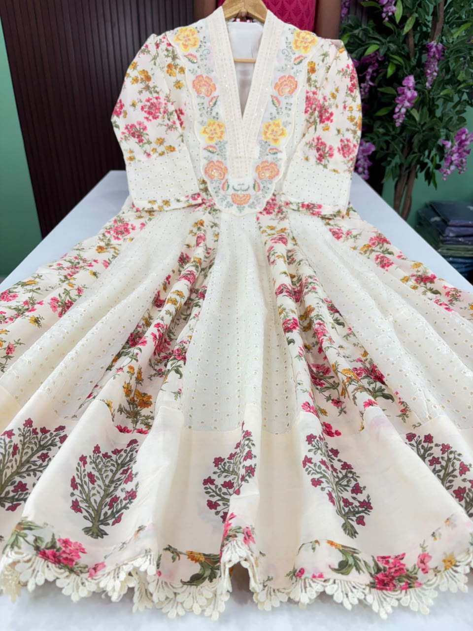 SS7066 Elegant High V Neck Collar Hakoba Cotton Gown