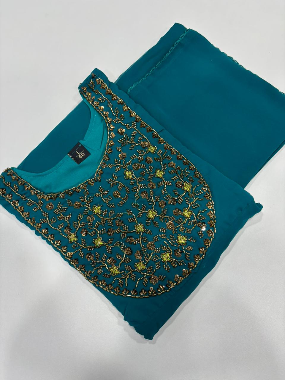 SS7057 Georgette Umbrella Kurti With Dupatta Set - Rama Green