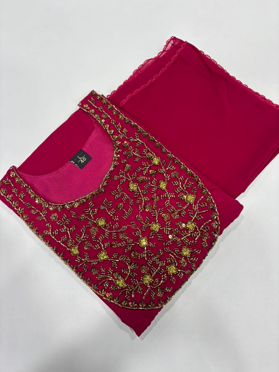 SS7059 Georgette Umbrella Kurti With Dupatta Set - Magenta Pink