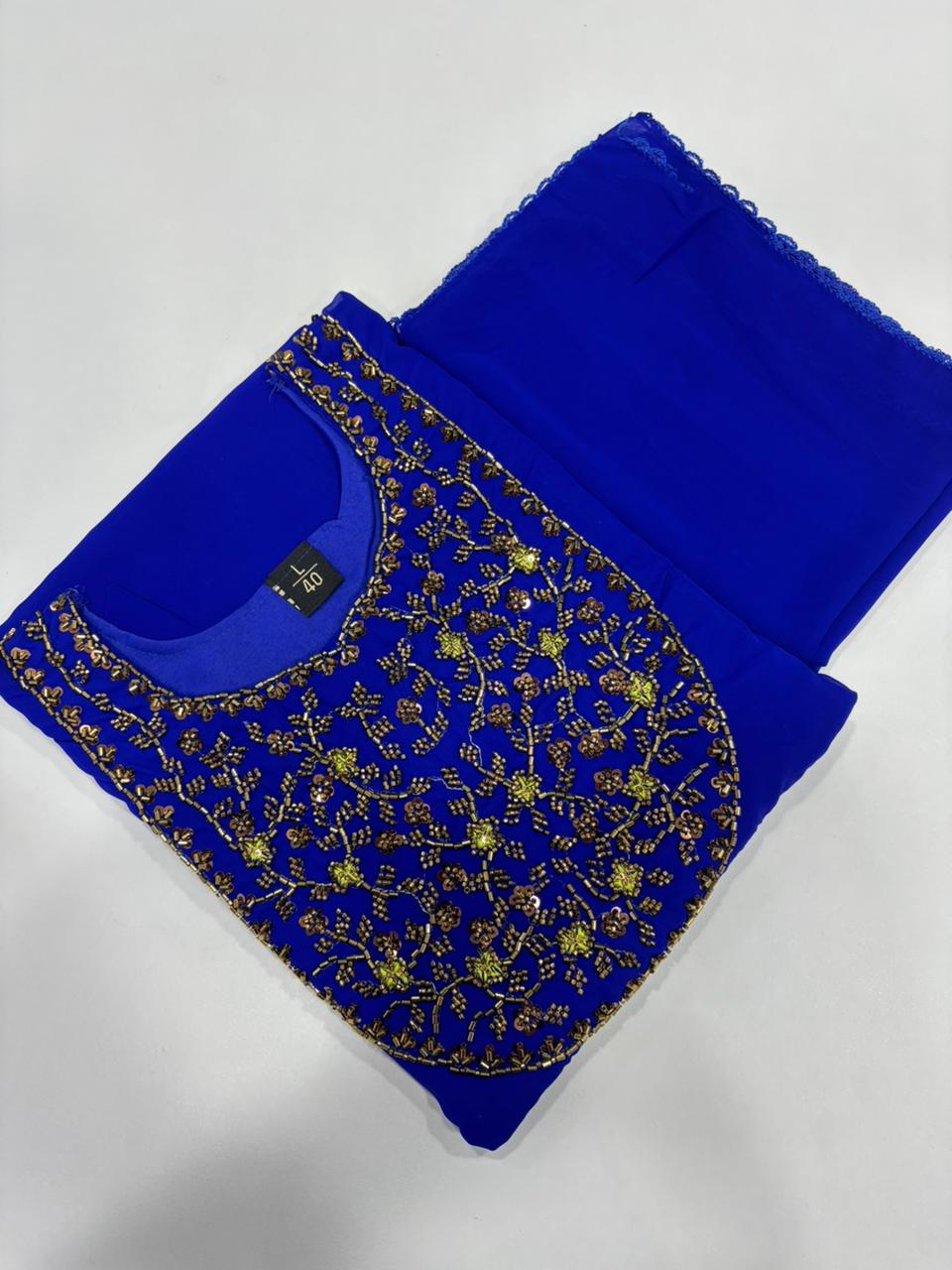 SS7055 Georgette Umbrella Kurti With Dupatta Set - Royal Blue