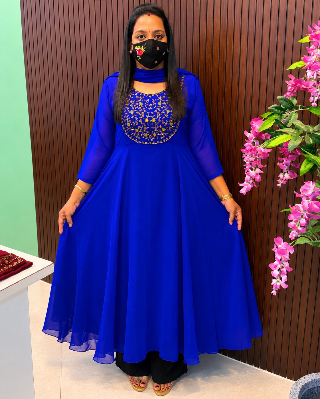 SS7055 Georgette Umbrella Kurti With Dupatta Set - Royal Blue