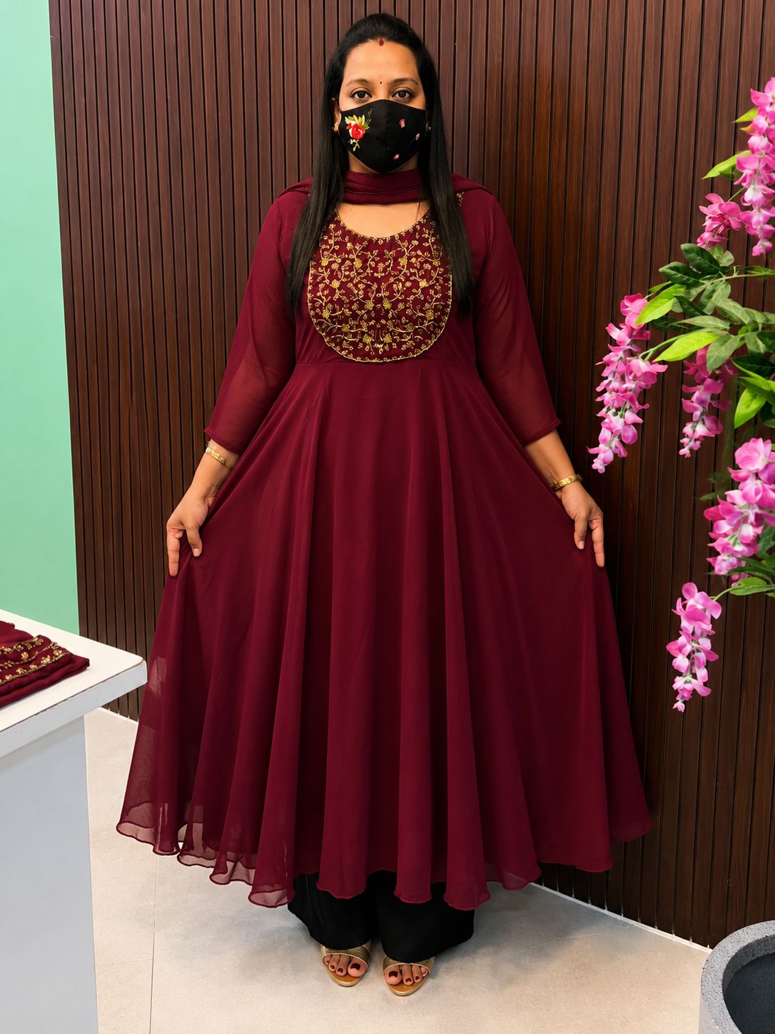 SS7056 Georgette Umbrella Kurti With Dupatta Set - Maroon