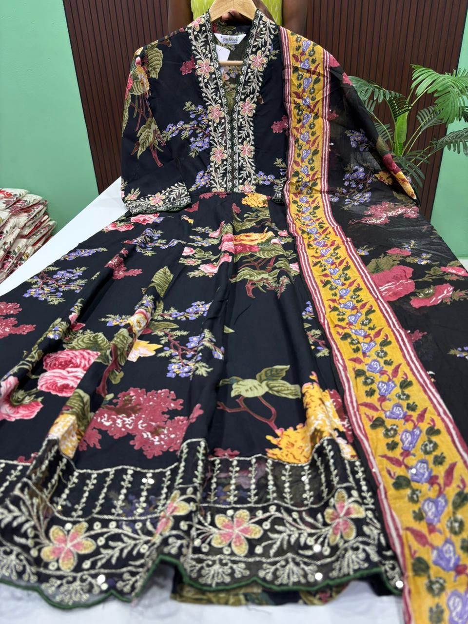 Trendy V neck Collar Anarkali with Dupatta Set