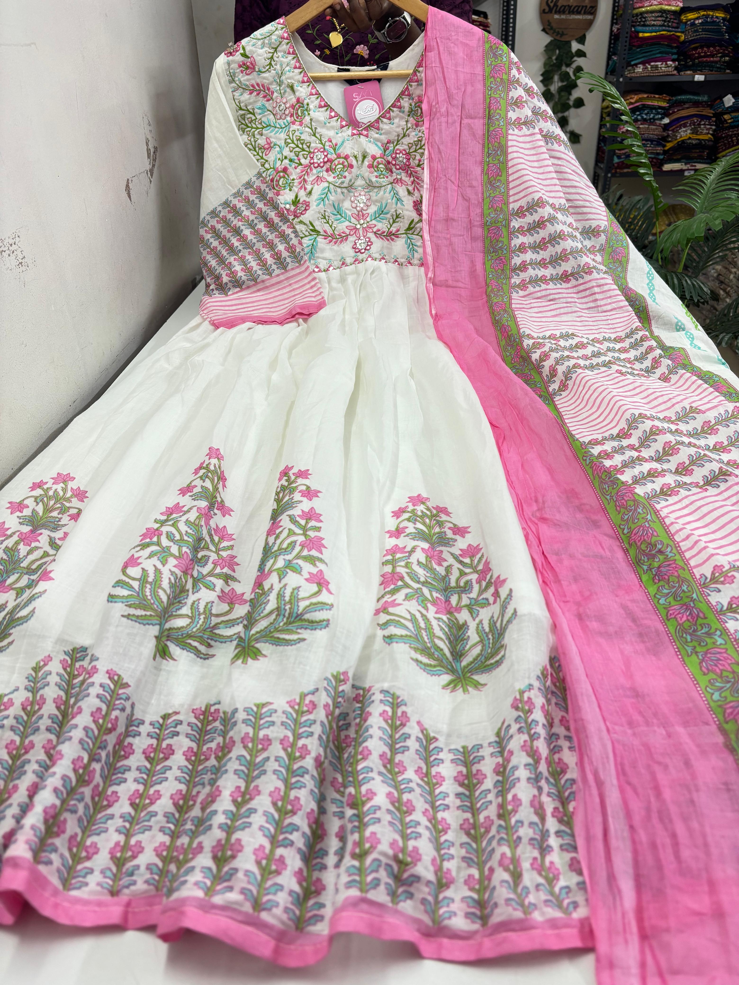 Mul Cotton Anarkali with pant & Dupatta Set