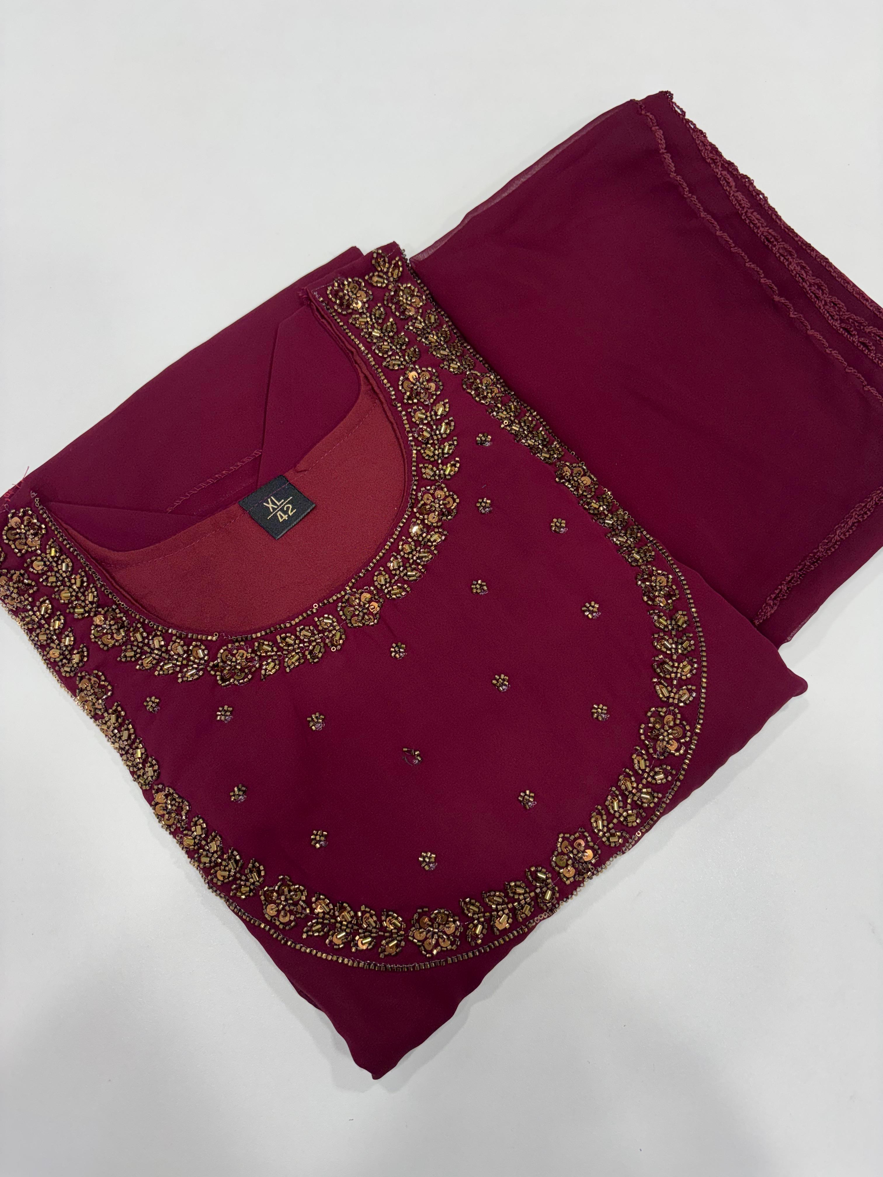 SS7547 Georgette Umbrella Kurti With Dupatta Set - maroon - Double Layer