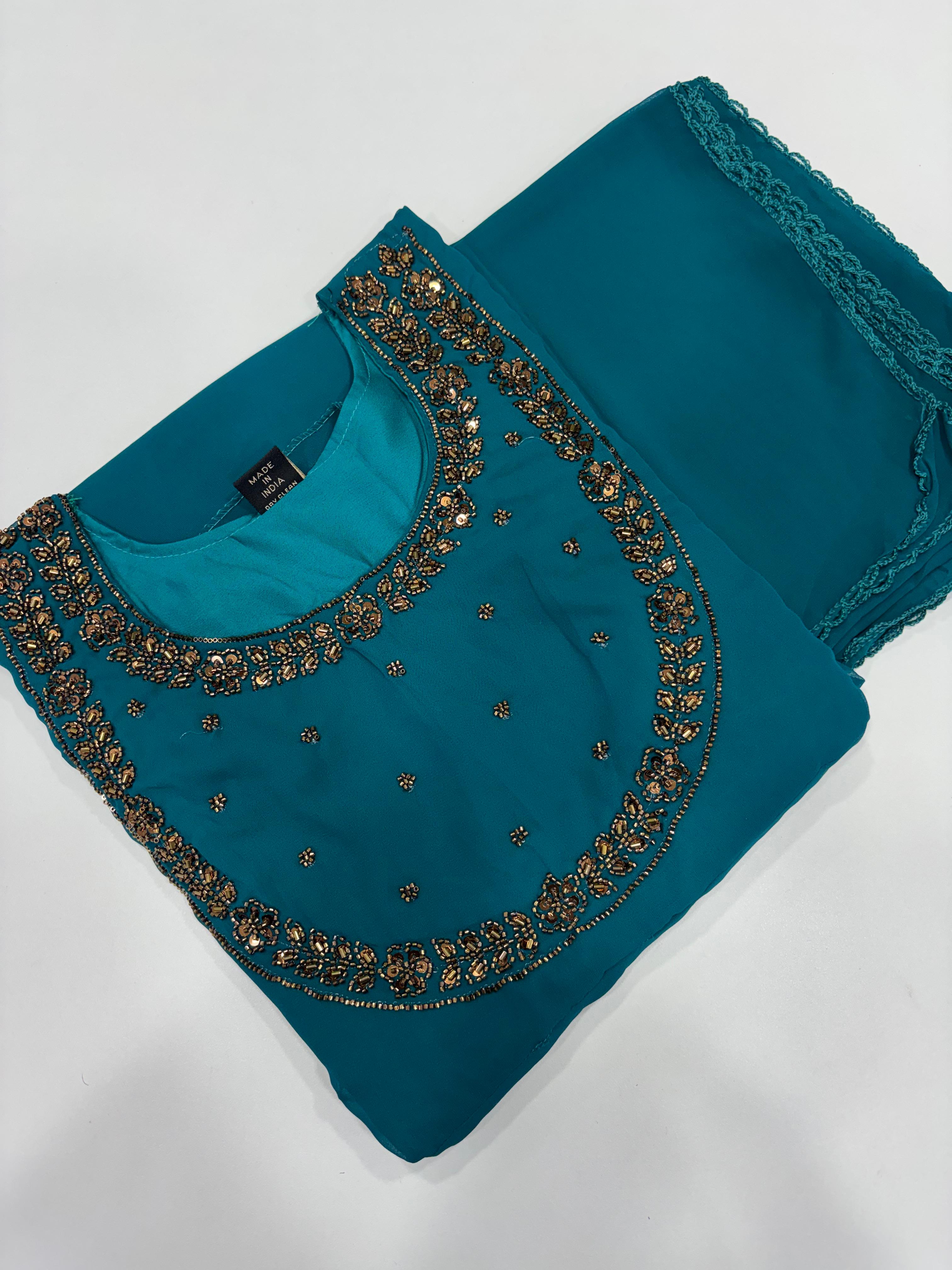 SS7551 Georgette Umbrella Kurti With Dupatta Set - Rama Green - Double Layer