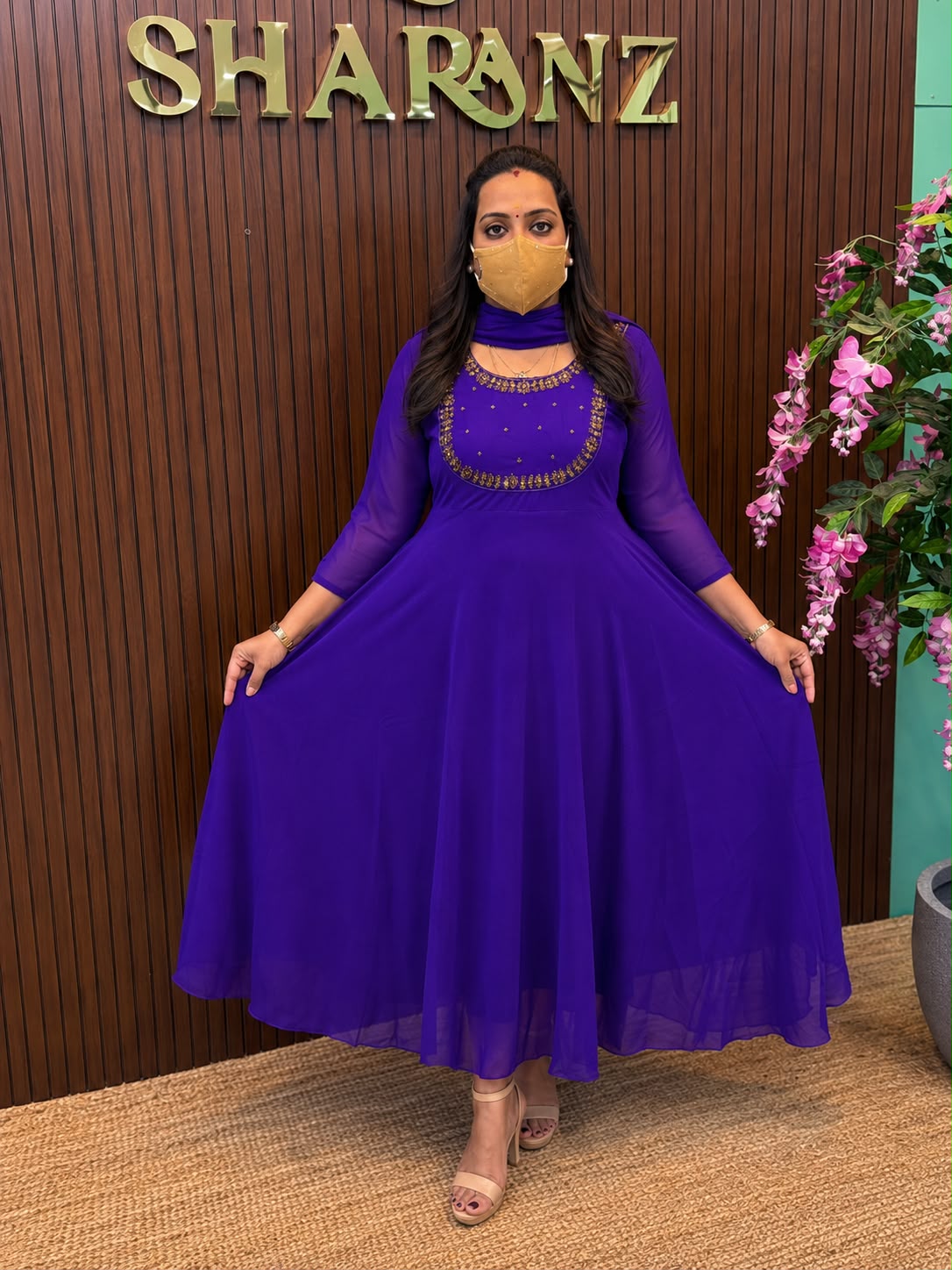 SS7548 Georgette Umbrella Kurti With Dupatta Set - Voilet - Double Layer