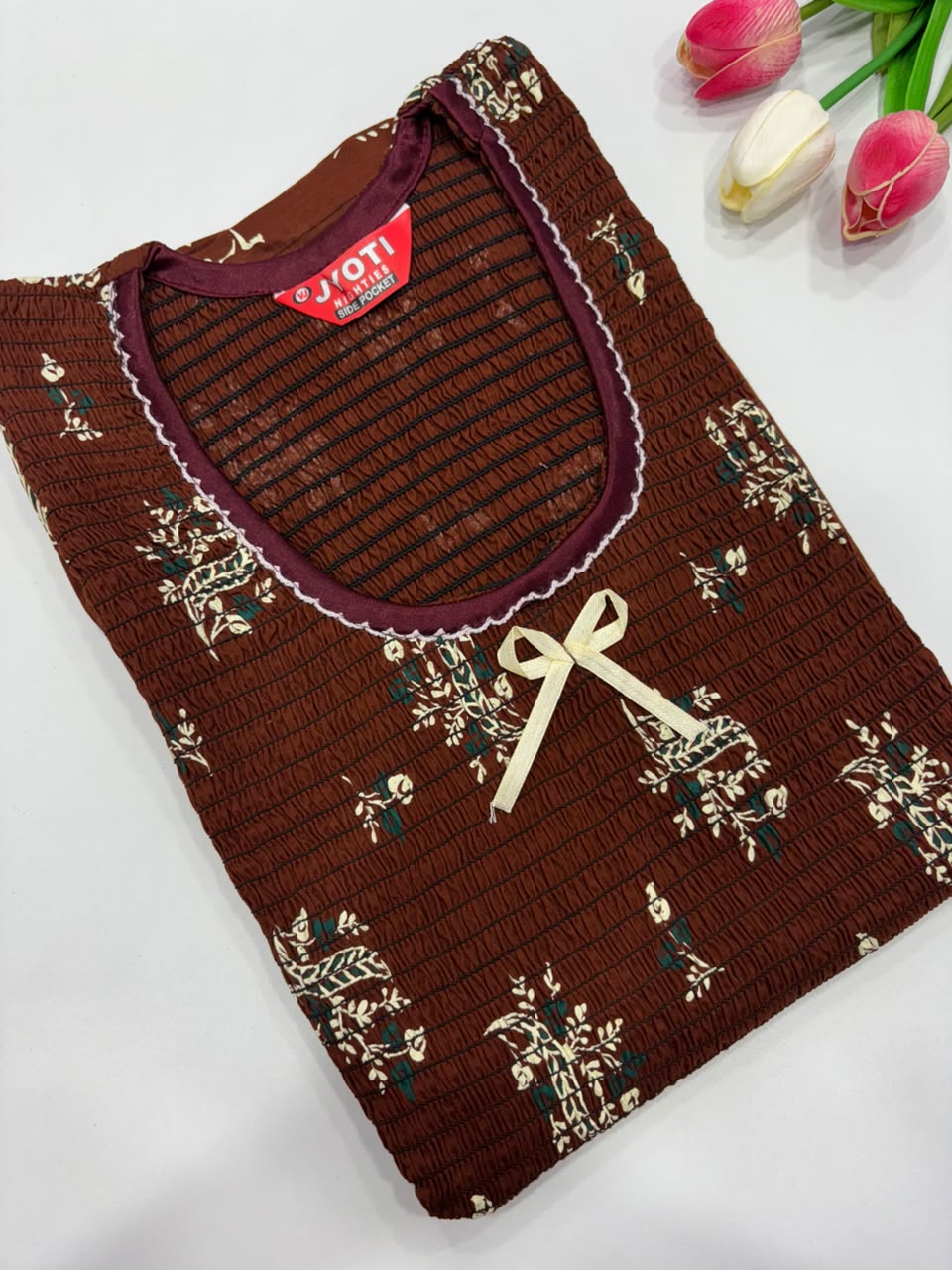 SS8724 Maxi Style Smocked Cotton Nighty - BROWN