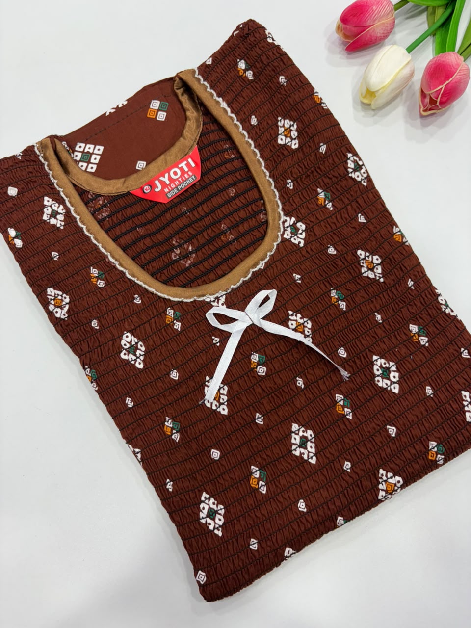 SS8732 Maxi Style Smocked Cotton Nighty - BROWN