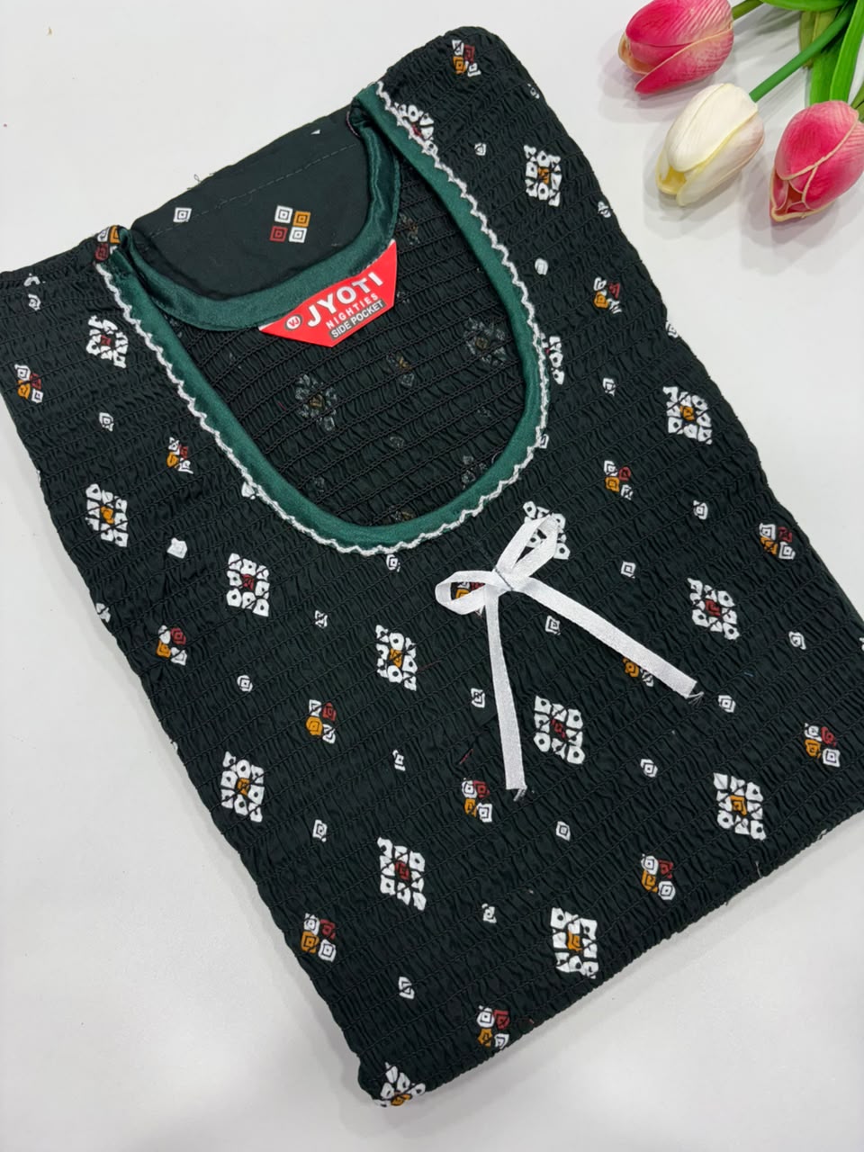 SS8731 Maxi Style Smocked Cotton Nighty - BOTTLE GREEN