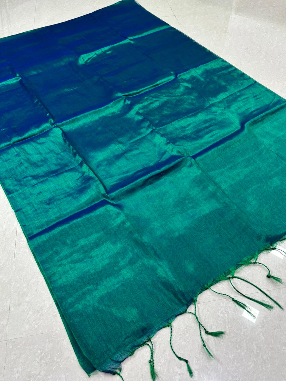 SS8988 Peacock Colour Plain Tissue Saree