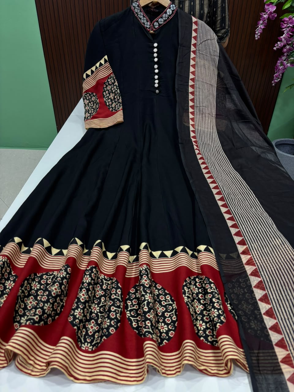 SS9191 Mirror Work Collar Neck Anarkali with Dupatta Set