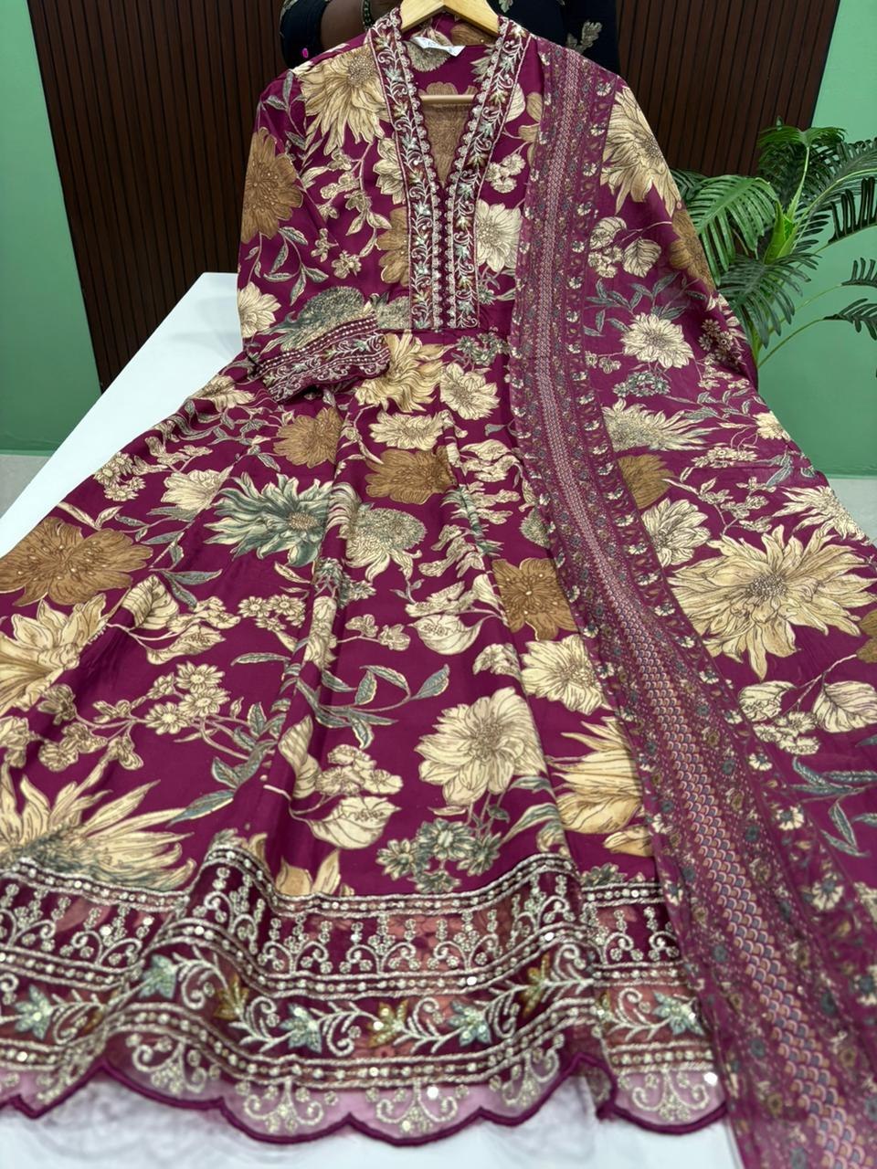 SS7612 Trendy V neck Collar Anarkali with Dupatta Set
