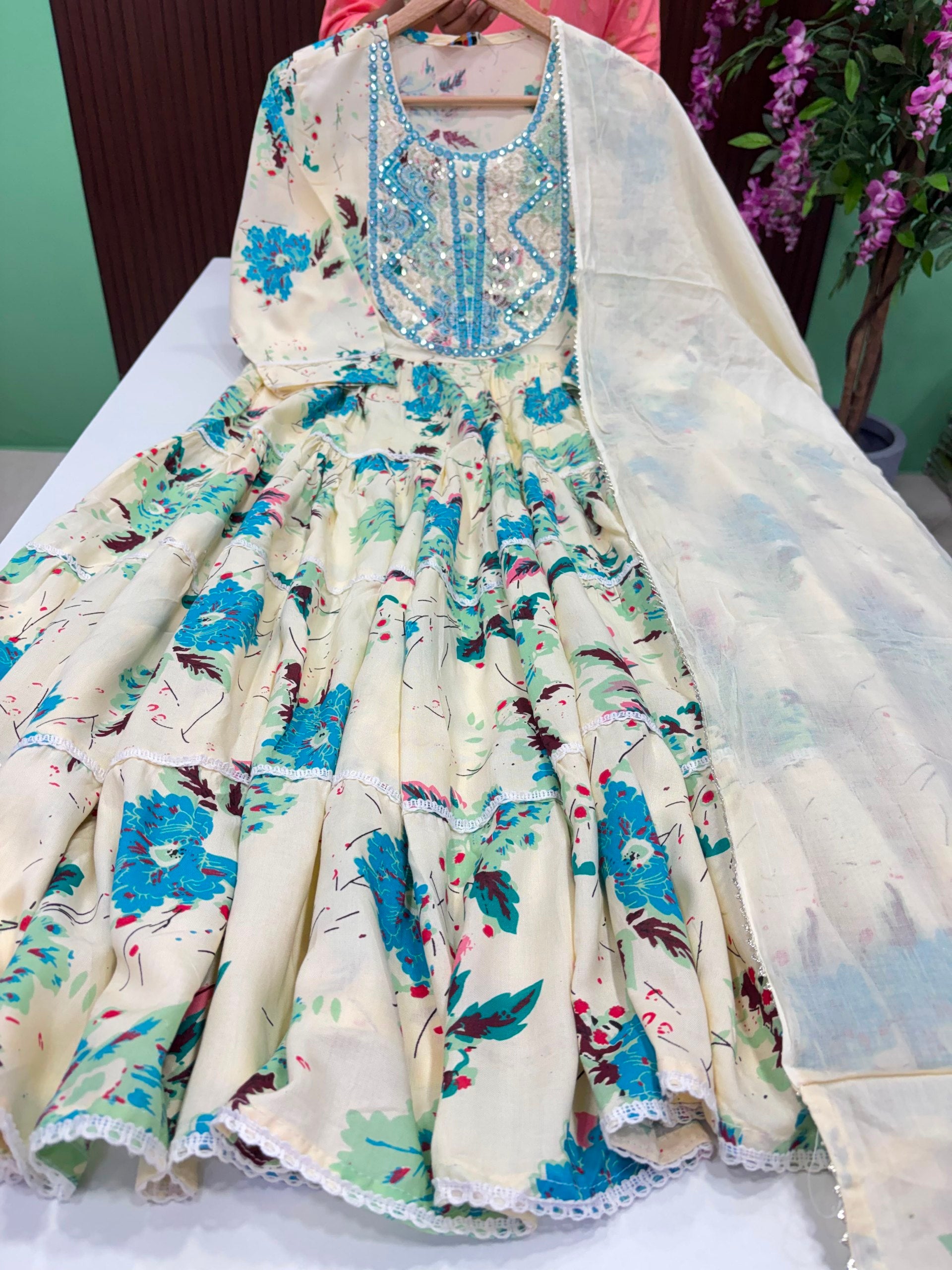 SS7608 Full Flared Tiered Anarkali with Dupatta Set