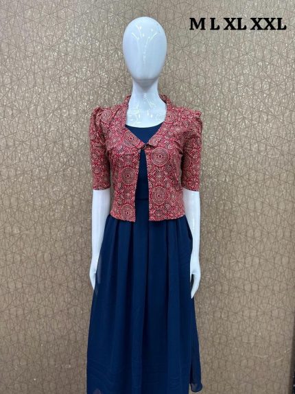 Georgette Kurti With Ajrak Jacket