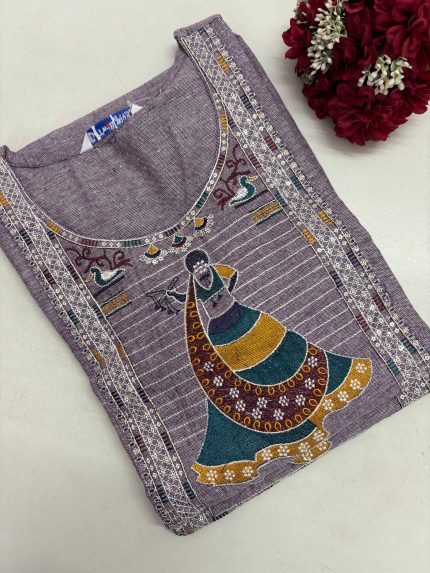 Handloom Cotton Embroidery Kurti - Light Lavender