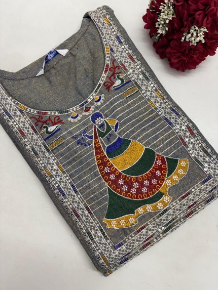 Handloom Cotton Embroidery Kurti - Grey & Blue Mixed