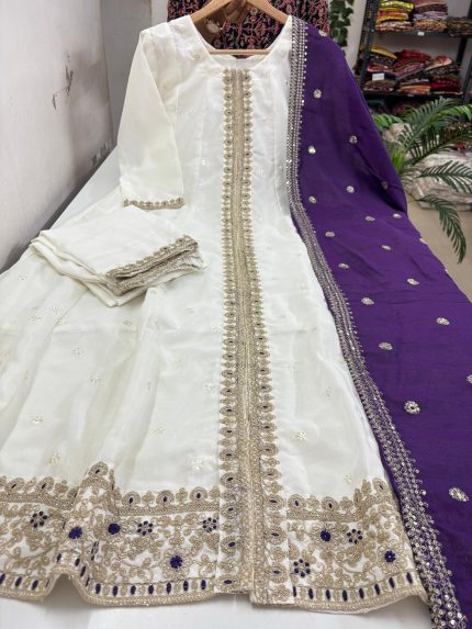 Vichitra Silk Anarkali With Pant & Dupatta Set