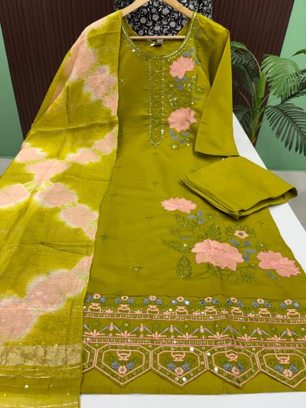 Roman Silk Kurti With Pant & Dupatta Set