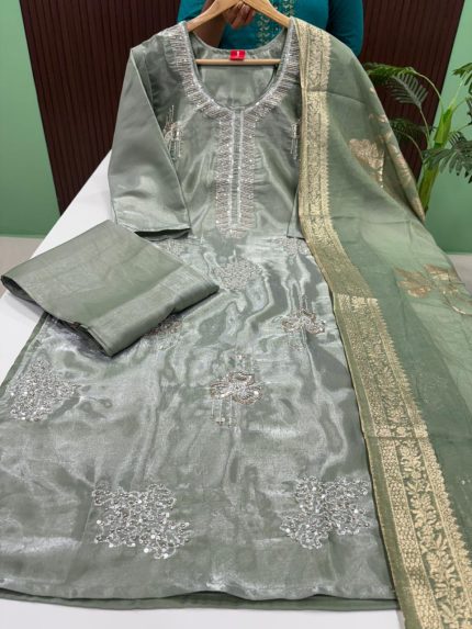 Premium Shimmer Satin Silk Kurti With Pant & Dupatta Set