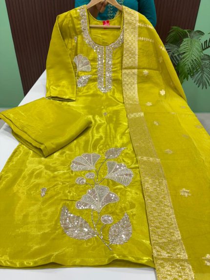 Premium Shimmer Satin Silk Kurti With Pant & Dupatta Set